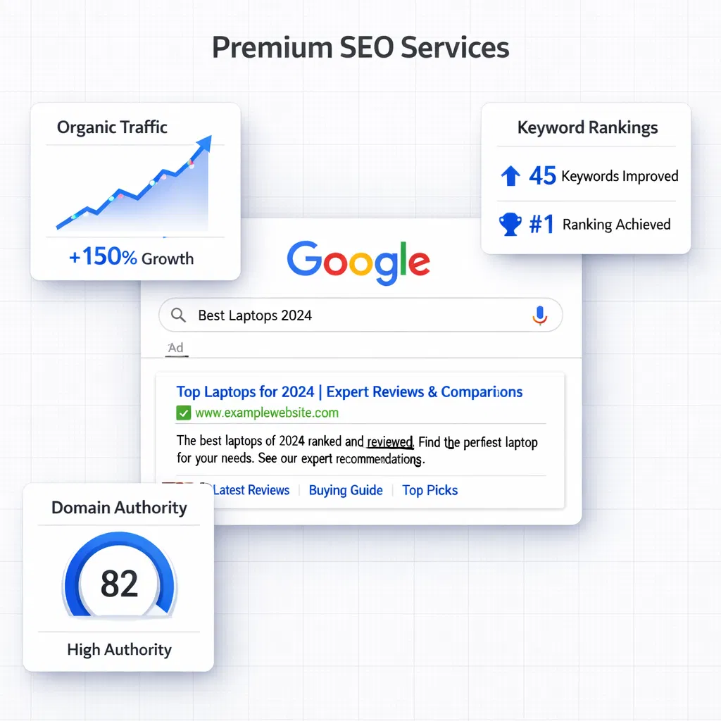 SEO performance dashboard showing organic traffic growth, keyword rankings, and domain authority