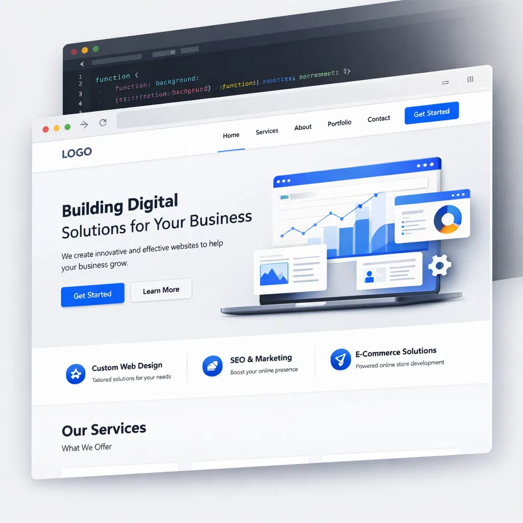 Premium website development - browser mockup with code editor